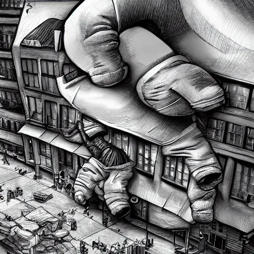 Prompt: the michelin man crushing buildings beneath his feet, destroying a city, digital art, photorealistic