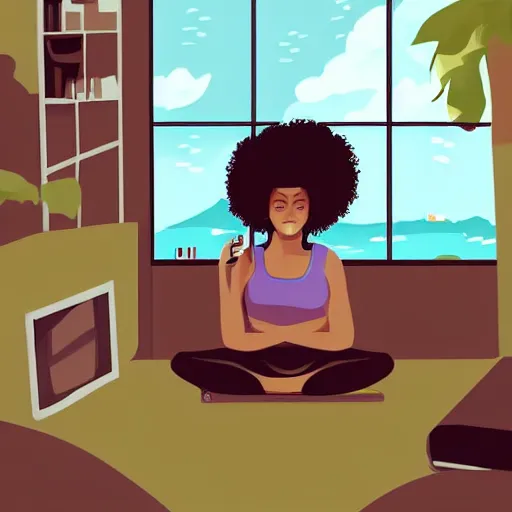 Image similar to black girl, curly hair, with headphones, studyng in bedroom, window with rio de janeiro view, lo-fi illustration style, digital art, alive colors