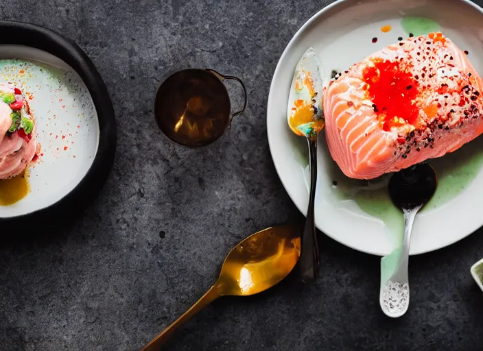 Image similar to dslr food photograph of ice cream sundae topped with salmon roe and wasabi drizzle, 8 5 mm f 1. 8