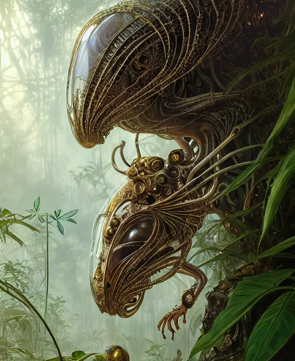 Image similar to intricate ornate opulent transparent clear see - through portrait of a terrifying beautiful male alien rat, mottled coloring, adorable, childlike, overgrown jungle environment, ultra realistic, concept art, art nouveau, photorealistic, octane render, 8 k, unreal engine. art by christopher marley and artgerm and greg rutkowski and alphonse mucha