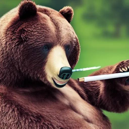 Image similar to a happy bear smoking a joint, realistic, 4 k