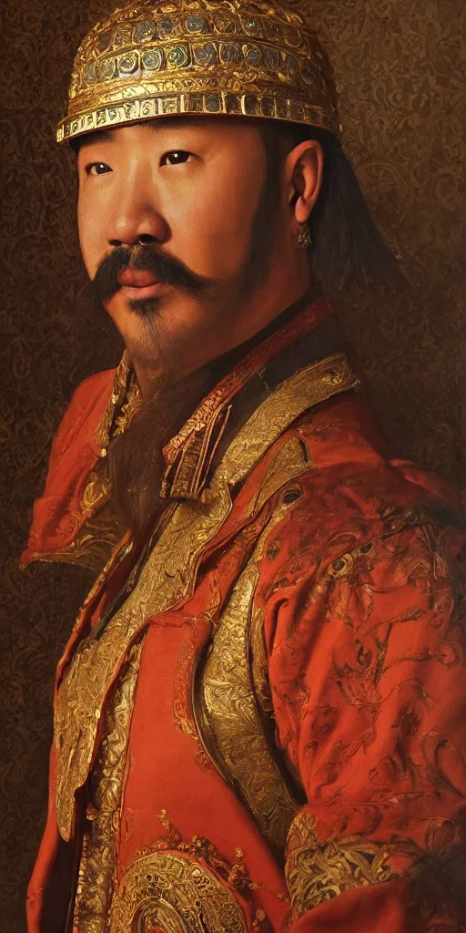 Image similar to Highly detailed and cinematic Renaissance period portrait oil painting Kublai Khan, an oil painting ((masterpiece)) by ((Josep Tapiró Baró)), dynamic lighting, 8K