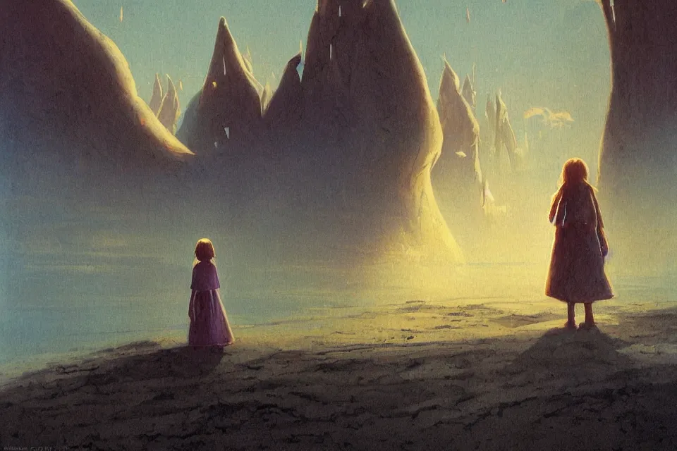 Prompt: atmospheric dreamscape painting of a giant seashell castle, a young girl stands outside, by moebius and john harris, atmospheric blues, concept art, saturation 40