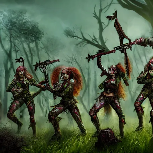 Prompt: squad of beautiful armed zombie girls in army of nurgl warhammer in fantasy forest between a trees, dark fantasy, highly detailed, trending on artstation, Unreal Engine 4k, cinematic wallpaper