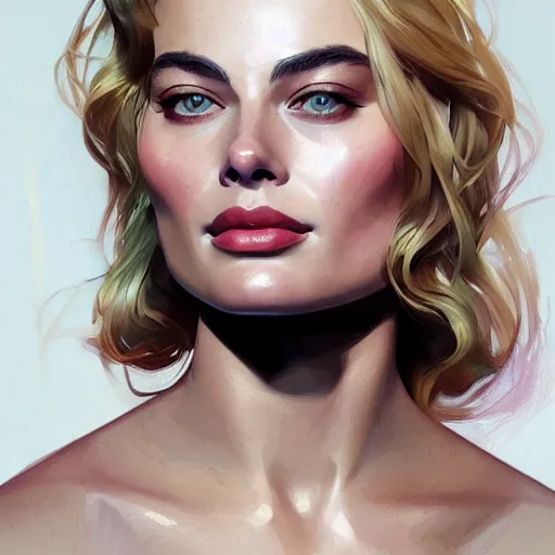 Image similar to A full portrait of Margot Robbie, intricate, elegant, highly detailed, digital painting, artstation, concept art, smooth, sharp focus, illustration, art by Krenz Cushart and bouguerea and alphonse mucha