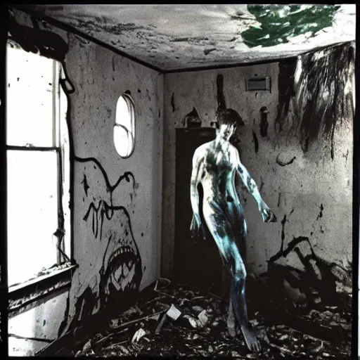 Image similar to 1 9 9 3, disposable camera, flash, old abandoned house, creature standing, meat, ooze, slime, veins, wet