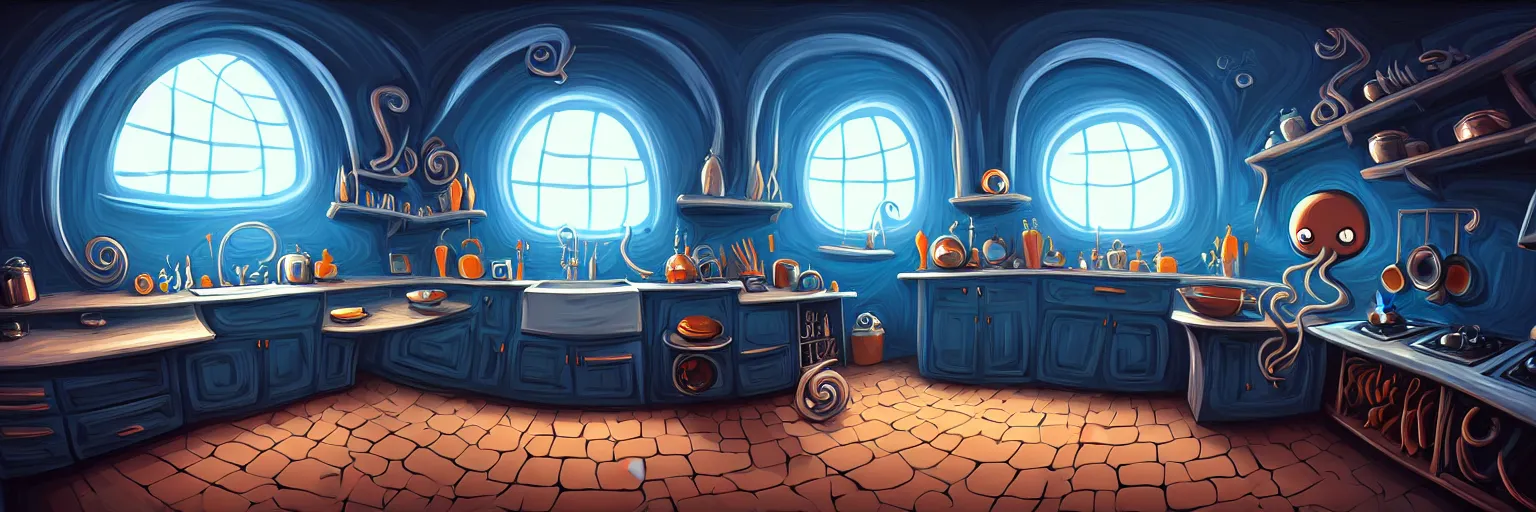 Prompt: dark tenebroso, fisheye spiral, naive, extra narrow, detailed illustration of a kitchen, large floor, octopus shaped by rhads from lorax movie, trending artstation, dark blue underwater