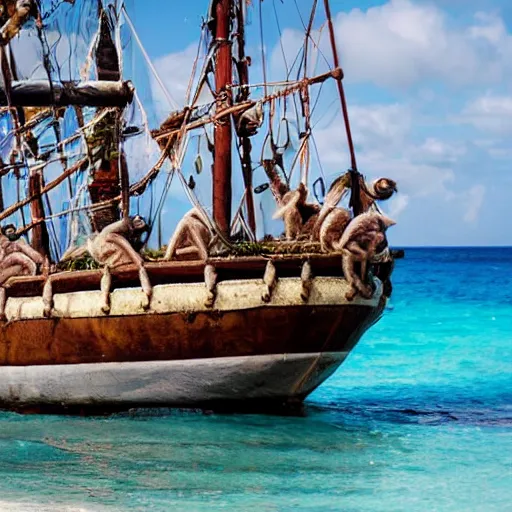 Prompt: ”pirateship getting boarded by a group of wild monkeys on the caribbean coast”