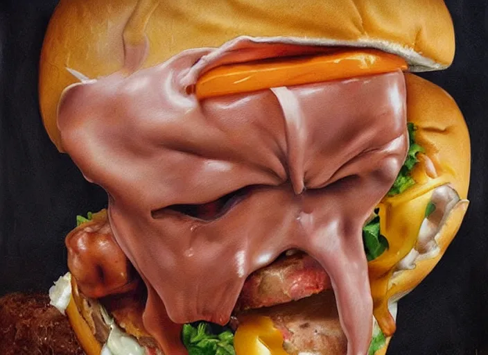 Image similar to realistic painting by jenny saville of!! donald trump!! licking a! cheeseburger!, art by jenny saville and tom bagshaw, detailed, sharp, smooth,! hamburger!