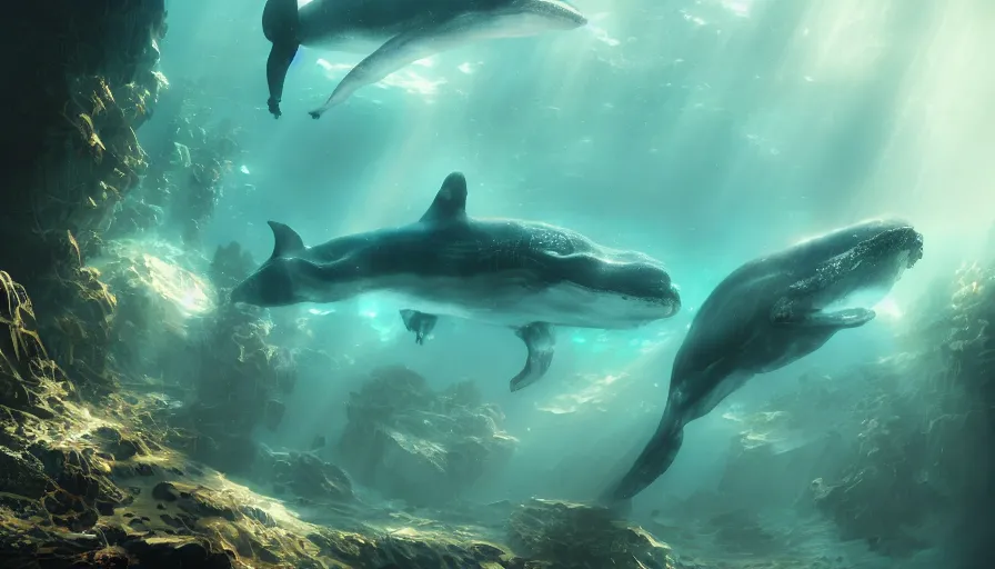 Prompt: underwater atlantis with whales, light, shadows, rippling reflections, steam, epic composition, intricate, elegant, volumetric lighting, digital painting, highly detailed, artstation, sharp focus, illustration, concept art, ruan jia, steve mccurry