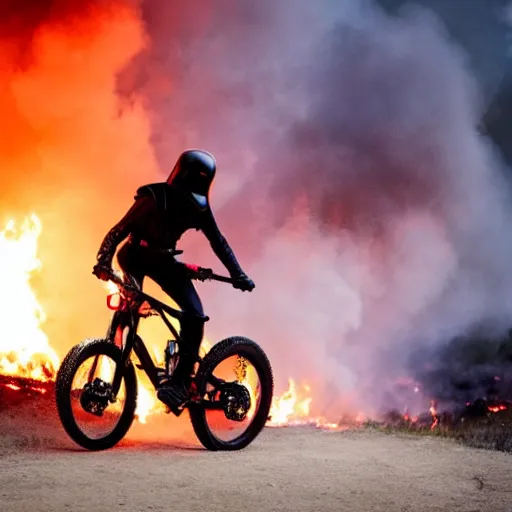 Image similar to darth vader ist riding a mountainbike fast through a burning forrest