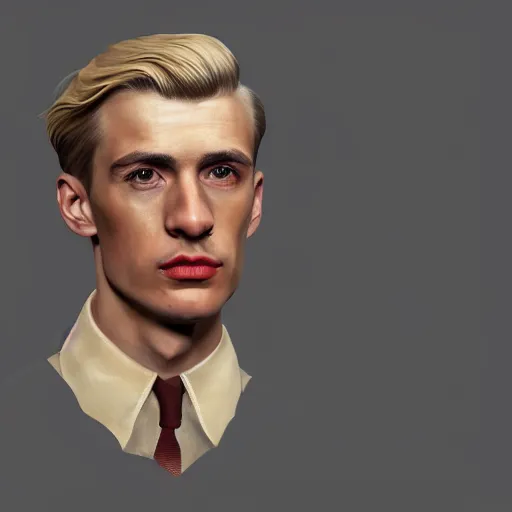 Prompt: A Hearts of Iron IV portrait of a blond young Spanish actor with high cheekbones. Good bone structure. Dressed in 1940s style. Highly detailed, fine Art, high detail, great lighting, 8k resolution, masterpiece, concept art, illustration, clear eyes, painting oil on canvas, octane render, HDR, trending on artstation, 4k, 8k, HD