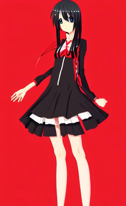 Image similar to anime girl with a detailed face and black hair in a red outfit placed in bottom half of illustration, full body, trending, illustration