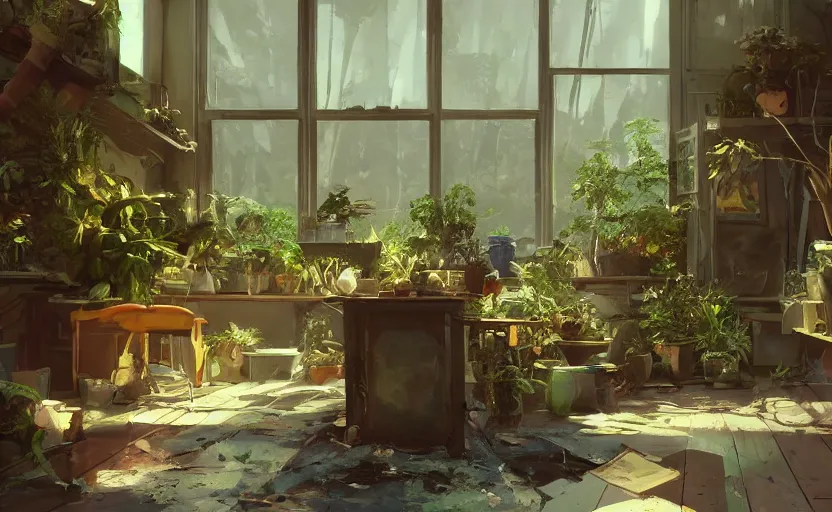 Image similar to a stylish artist studio interior, messy, many plants, painting by Craig Mullins, octane rendering, soft morning lighting, ultra wide angle lens, low view, in the style of Hayao Miyazaki, trending on artstation,