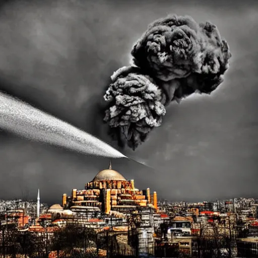 Image similar to atomic bomb blast in istanbul, realistic, hdr,