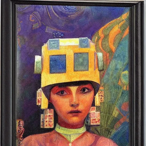 Image similar to the little robot queen in her regalia, by annie swynnerton and alayna danner and diego rivera and nicholas roerich, symbolist, dramatic lighting, elaborate geometric ornament, smooth, sharp focus, extremely detailed, adolf wolfli, soft pastel colors