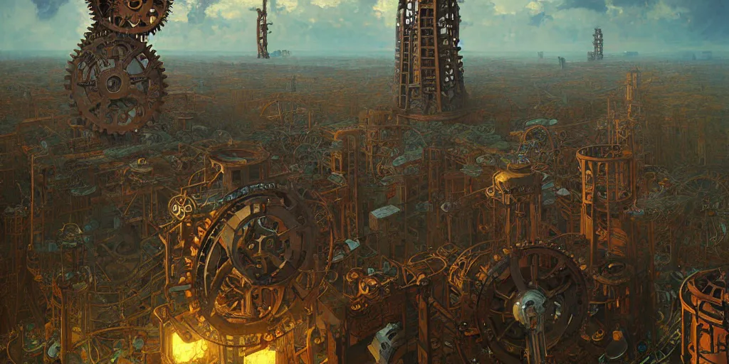 Prompt: giant interlocked gears clockwork, giant mechanisms, industry, villages castles, buildings vista artstation illustration sharp focus sunlit vista painted by ruan jia raymond swanland lawrence alma tadema zdzislaw beksinski norman rockwell tom lovell alex malveda greg staples