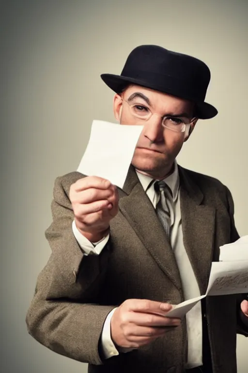 Prompt: a 5 0's detective holding papers in his hand