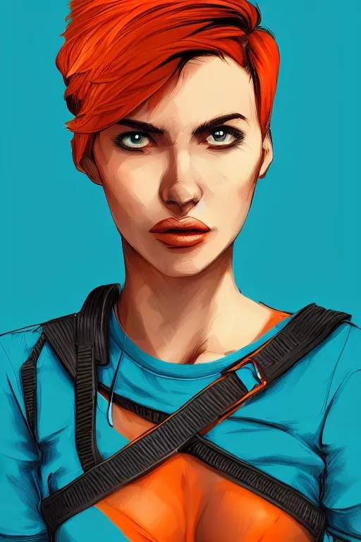 Image similar to a award winning half body portrait of a beautiful caucasian woman in a croptop and cargo pants with ombre orange blue teal hairstyle with head in motion and hair flying by will eisner, outrun, vaporware, digital art, trending on artstation, highly detailed, fine detail, intricate