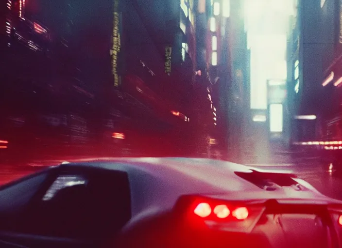 Image similar to Bladerunner 2049 scene red sports car driving on empty road dark atmospheric volumetric lighting grungy moody dark cinematic Roger Deakins Cinematography futuristic cyberpunk car soul red GTR NSX RX8 C3 Chaser S16 Evo X Z07 R34 ikuo maeda Newton Thomas Sigel bladerunner 2049 screen cap still