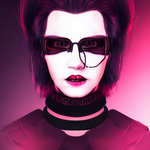 Prompt: a digital artwork of woman wearing technological large steel collar, choker on neck, dark cyberpunk art style, 4K, portrait, punk hairstyle,