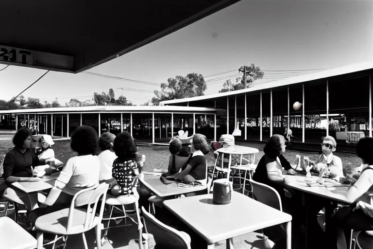 Image similar to 1 9 7 5 gumbo, people sitting at tables, googie architecture, two point perspective, americana, cooking photography, hd 4 k, taken by alex webb