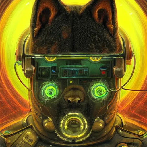 Image similar to tesla power armor realistic cyborg anthropomorphic shiba inu scifi kirlian photography electric field glowing, cyberpunk x - ray, portrait art by donato giancola and greg rutkowski, realistic face, x - ray fields glowing in tesla electricity visible magnetic field, digital art, trending on artstation, symmetry