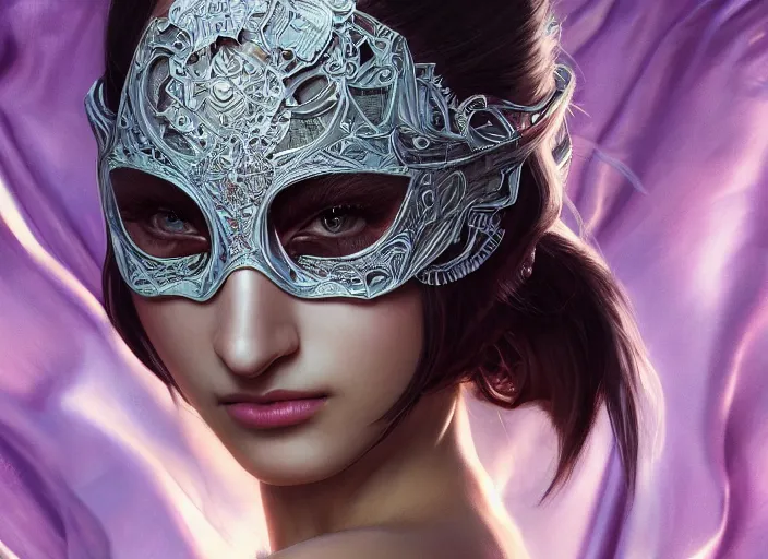 Image similar to masked, perfectly-centered-Portrait of the most beautiful woman on the planet , intricate, highly detailed, artstation, concept art, concept render, octane, redshift, smooth, sharp focus, illustration,award-winning, Unreal Engine 5, 8K, art by artgerm and greg rutkowski and alphonse mucha