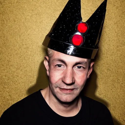 Prompt: man with a crown, smirk, photograph, black backgrounds, glowing red eyes, low poly