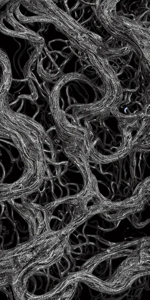 Image similar to a photorealistic render of a topographic sculpture made of melted metal and bioluminescent beings on a black background, c 4 d, by zhelong xu ouchh studio and ernst haeckel, wide angle, hyper realistic, plain black background, 8 k, volumetric lightning, octane render