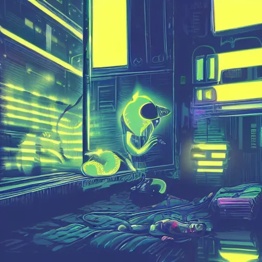 Prompt: little cat sleeping in a cyberpunk world, hyper realistic, realistic, neon