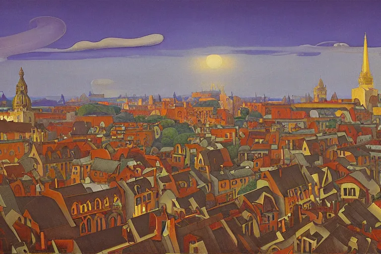 Prompt: view of the old city and its tree-lined winding streets after a storm, tall windows lit up, beautiful ornamental architecture, dramatic cinematic lighting, rich colors, by Nicholas Roerich and and Caspar David Friedrich and ford madox brown and April Gornik and ((Diego Rivera)), featured on artstation