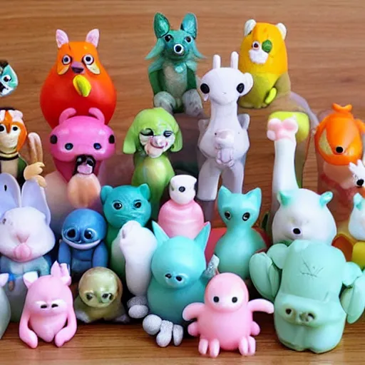 Image similar to some cute plastic toys that look like animal characters that are dressed as other animals, pastel colors