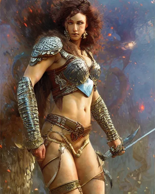 Image similar to a fierce and muscular warrior princess in scale mail, fantasy character portrait by greg rutkowski, gaston bussiere, craig mullins