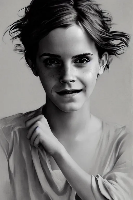 Prompt: emma watson smiling gathered faille v - neck detailed portrait painting by gaston bussiere craig mullins j. c. leyendecker award winning photograph photorealsitic octane render photograph by richard avedon peter lindbergh