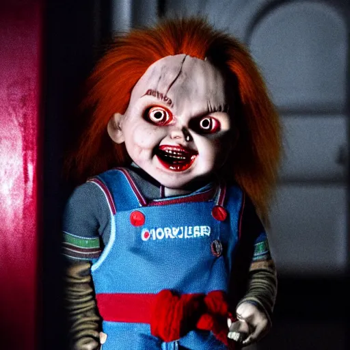 Prompt: Chucky the killer doll standing in a dark room holding a knife, scary lighting