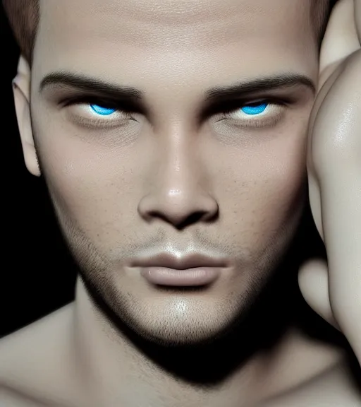 Prompt: photo realistic render of the most handsome young man in the world, he is seductive in his appearance and has kaleidoscope eyes