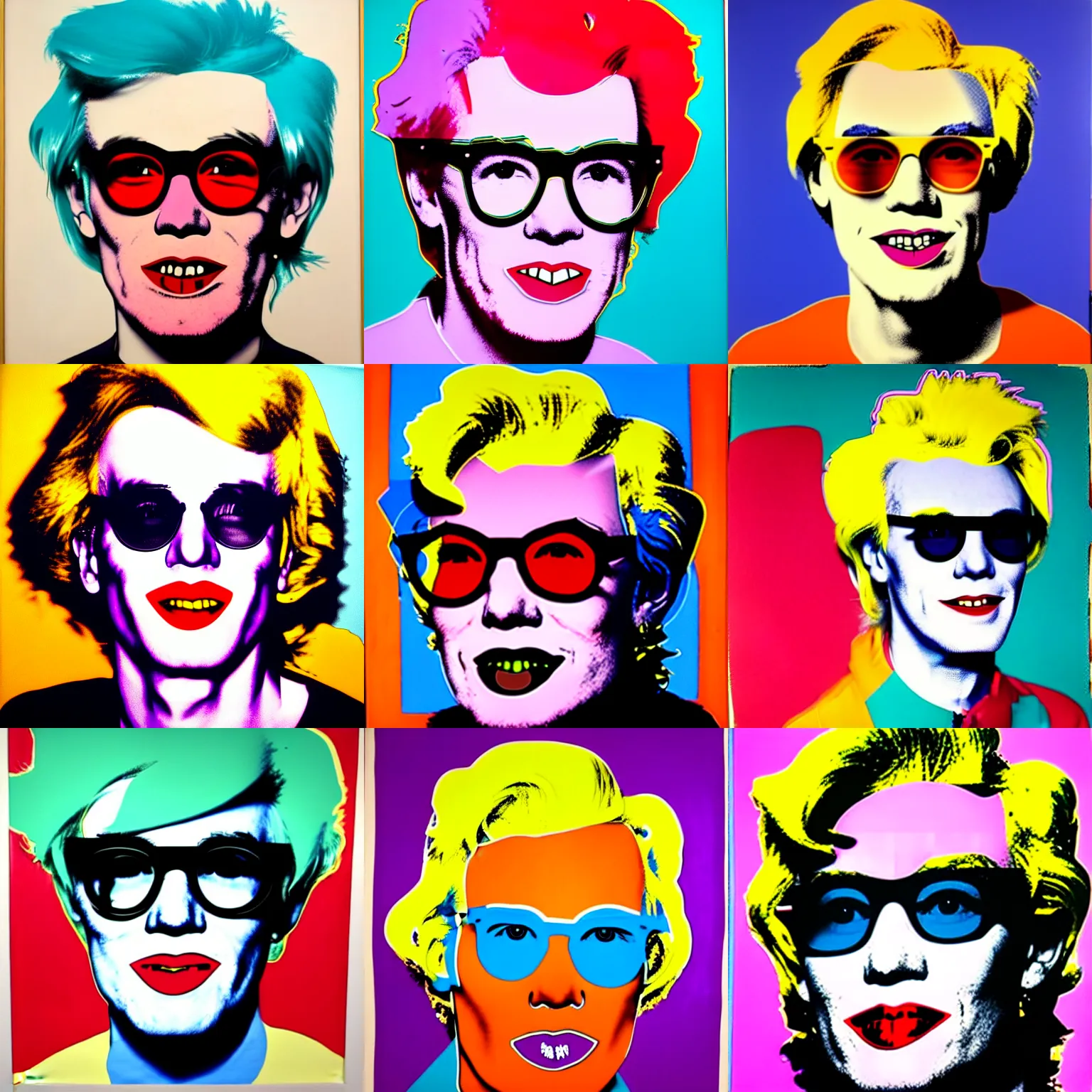 Prompt: portrait of smiling andy warhol aged 30. andy\'s shoulders are in the frame. andy looks sternly straight into the camera and wears designer sun glasses. painting in the style of andy warhol