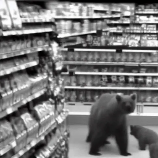 Prompt: beautiful grainy, blurry CCTV footage of a bear inside a supermarket