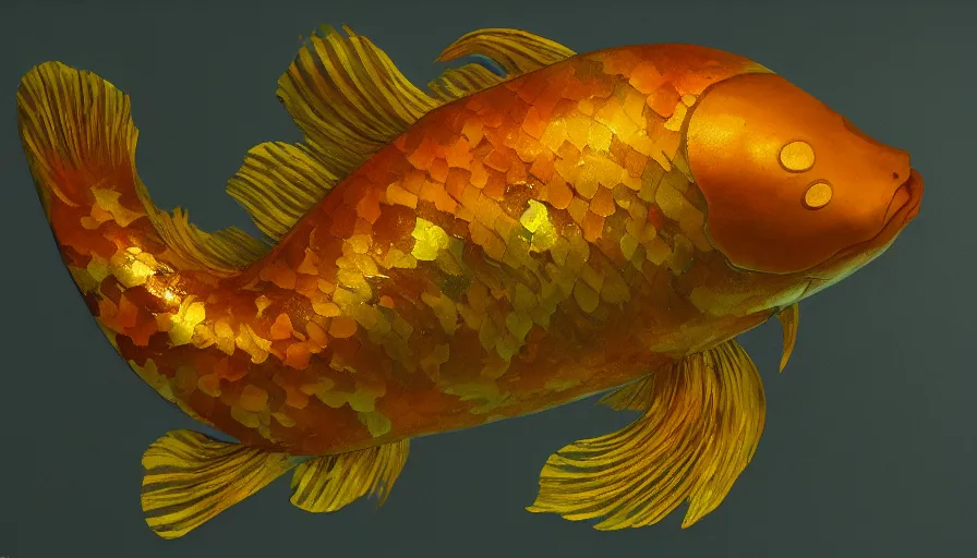 Image similar to a desolate golden glowing koi! swims in magical water with caustics and volumetric lighting, photorealistic painting