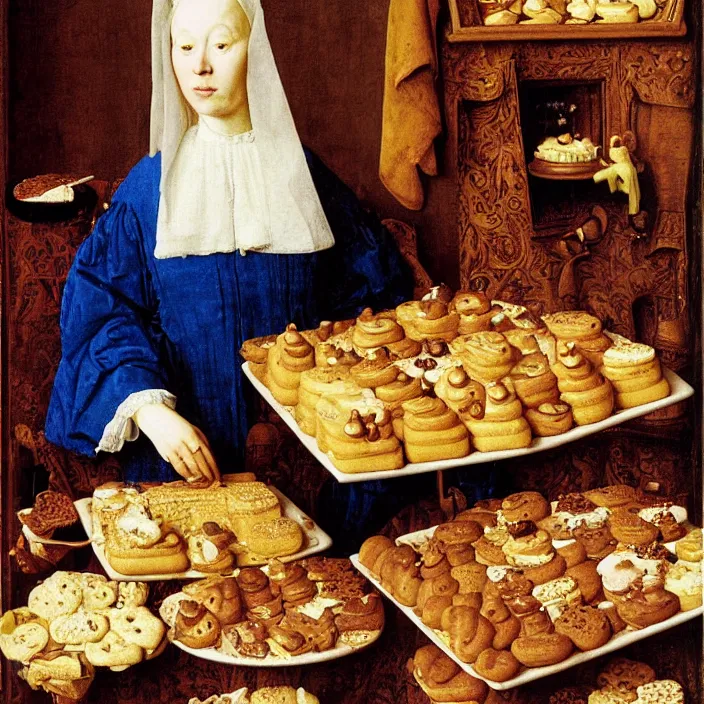 Image similar to a woman drowning in cakes and cookies, by Jan van Eyck