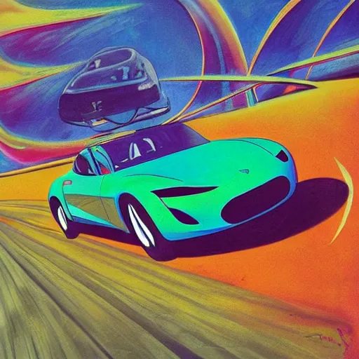 Prompt: A Tesla Roadster on its way to the stars, hippie counterculture art, sixties, psychedelic colors