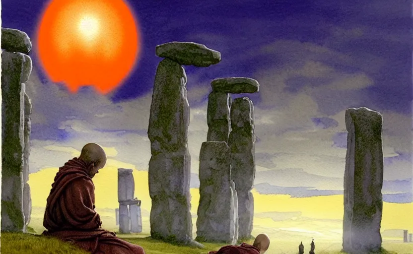 Prompt: a hyperrealist watercolour character concept art portrait of a small grey medieval monk and a giant orange medieval monk kneeling down in prayer in front of a futuristic stonehenge on a misty night. a ufo is in the sky. by rebecca guay, michael kaluta, charles vess and jean moebius giraud