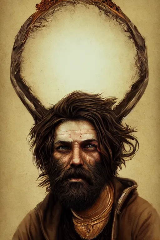 Image similar to full-body portrait of a majestic hobo, brown and gold, rags, beard, fisheye lens, by Anato Finnstark, Tom Bagshaw, Brom