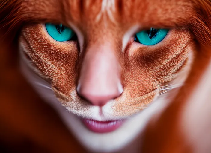 Image similar to 5 5 mm portrait photo of a redhead woman's face with ( intricate cat eyes )!!. highly detailed 8 k. intricate. lifelike. soft light. nikon d 8 5 0. cinematic post - processing