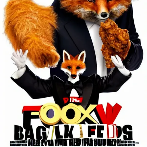 Prompt: movie poster featuring an anthropomorphic fox wearing a black suit, fried chicken in the background, promotional media