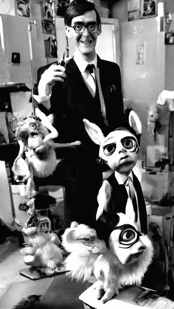 Image similar to jacob rees - mogg with mogwai from the film gremlins