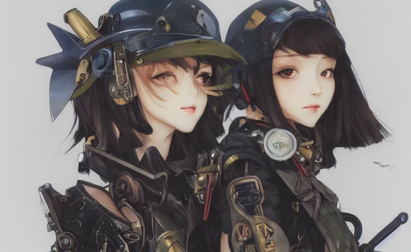 Image similar to mechanized witch girl, anime style, airforce gear, vintage clothing, animal ears, short hair, hair down, symmetrical facial features, from arknights, hyper realistic, 4 k, rule of thirds, extreme detail, detailed drawing, trending artstation, hd, d & d, realistic lighting, by alphonse mucha, greg rutkowski