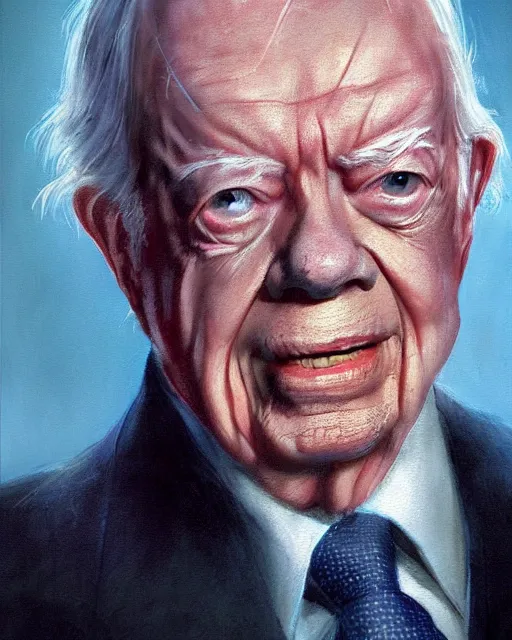 Prompt: official portrait of united states president jimmy carter, 1 9 7 6, scarred, close up, rim lighting, portrait, sinister atmospheric lighting. highly detailed painting by greg rutkowski, anime style