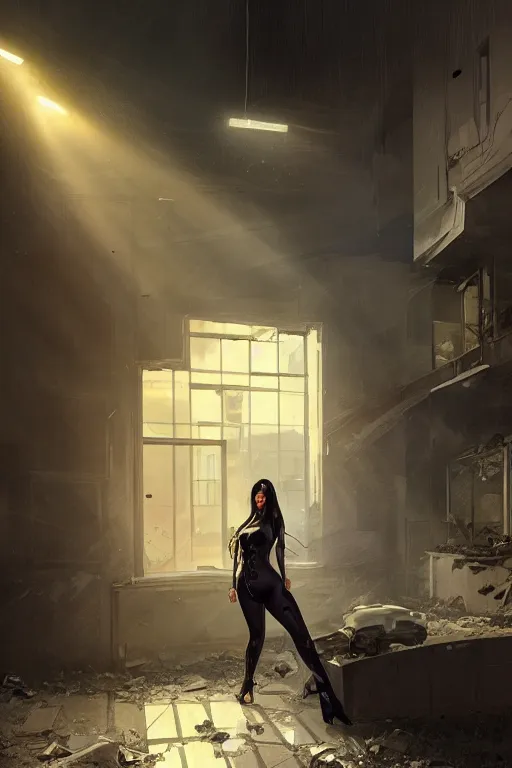 Image similar to photo of kim kardashian as a cop inside a derelict apartment, glowing walkie talkie, realistic, long shot, symmetrical, highly detailed, digital painting, artstation, concept art, smooth, sharp focus, illustration, cinematic lighting, art by artgerm and greg rutkowski and alphonse mucha